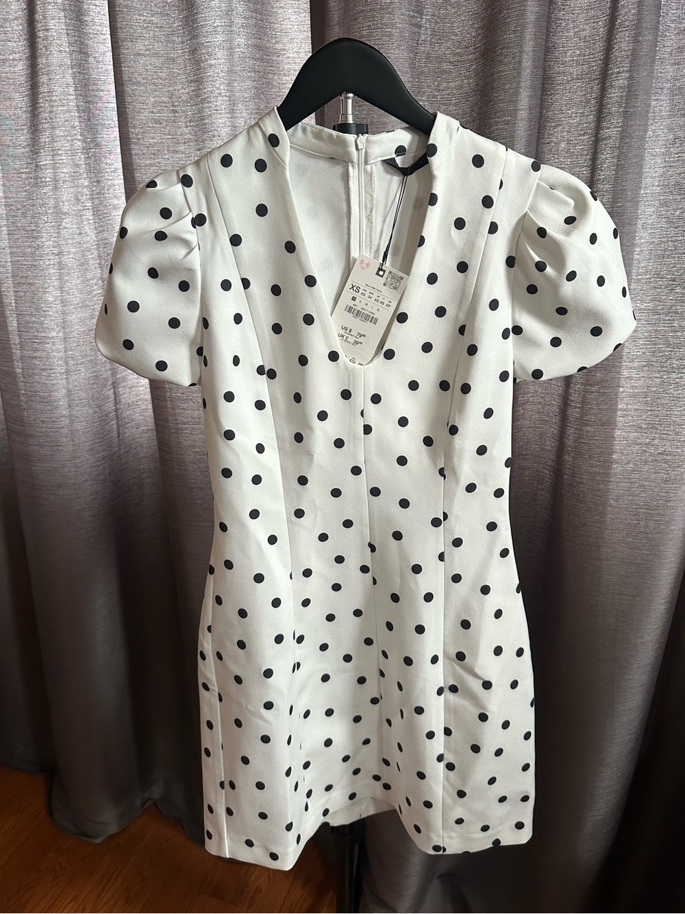 Zara Short Puff Sleeve Dresss White with Black Polka Dot - Size XS